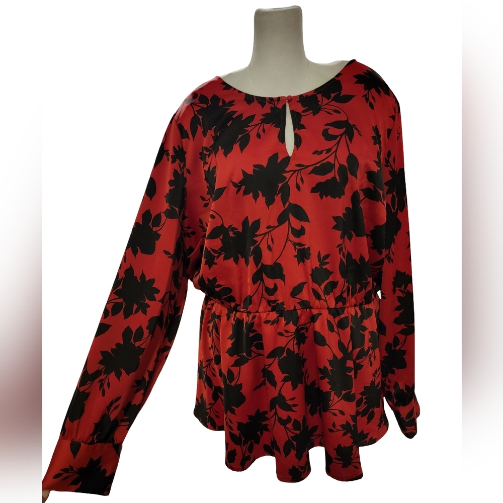Lane Bryant Womens Size 18 Red and Black Floral Long Sleeve Peplum Blouse